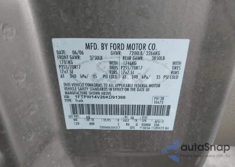 2006 Ford F-150 Fx4/Lariat/Xlt z USA, uszkodzony, nr VIN 1FTPW14V26KD91366